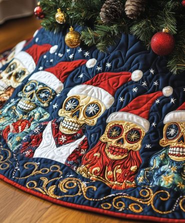 Starry Navy Santa Hat Skulls Tree Skirt — Nautical Gothic Holiday Decor With Festive Skulls, Custom Made-To-Order