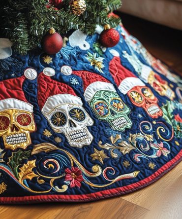 Gold Vine Sugar Skull Band Tree Skirt — Luxe Dia De Los Muertos Inspired Holiday Skirt, Custom Made-To-Order