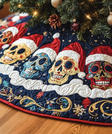 Midnight Santa Skull Trio Tree Skirt — Dark Holiday Chic With Santa Skull Accents, Handmade Custom Christmas Skirt
