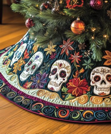 Paisley Ring Folk Skulls Tree Skirt — Boho Gothic Christmas Decor, Made-To-Order Custom Holiday Skirt With Rich Pattern
