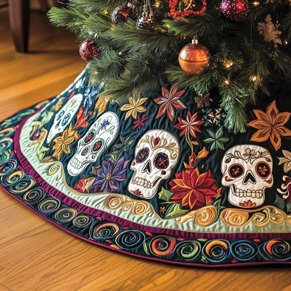 Paisley Ring Folk Skulls Tree Skirt — Boho Gothic Christmas Decor, Made-To-Order Custom Holiday Skirt With Rich Pattern
