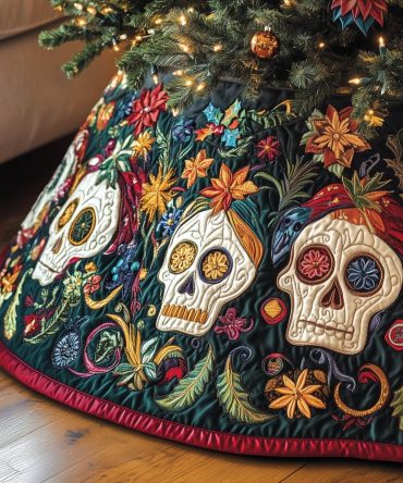 Autumn Flower Sugar Skulls Tree Skirt — Colorful Day Of The Dead Holiday Decor, Custom Made-To-Order Christmas Skirt