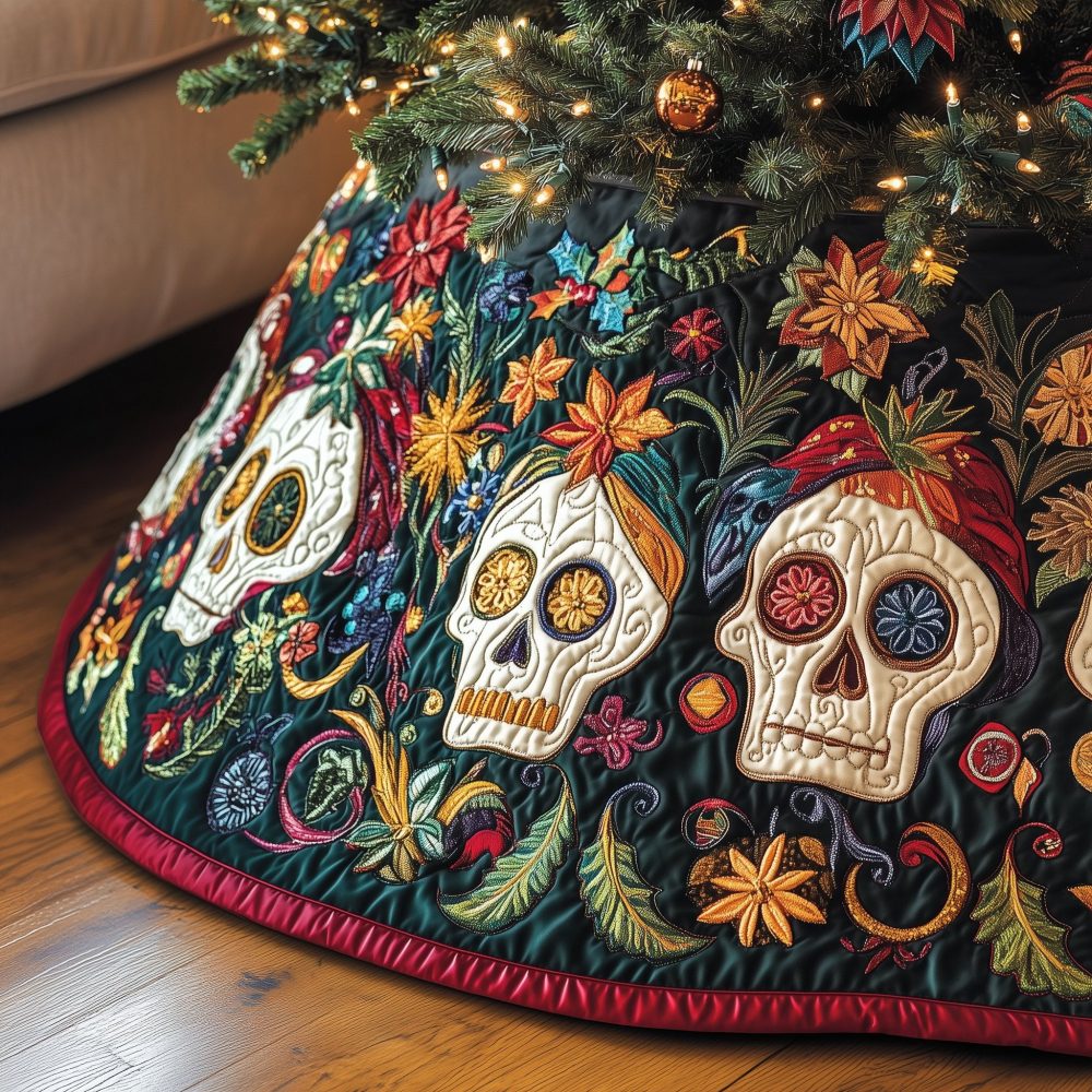 Autumn Flower Sugar Skulls Tree Skirt — Colorful Day Of The Dead Holiday Decor, Custom Made-To-Order Christmas Skirt