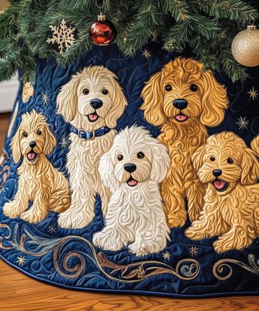 Sapphire Swirl Doodle Pups Tree Skirt — Vibrant Custom Holiday Decor With Playful Dogs, Handmade & Made-To-Order