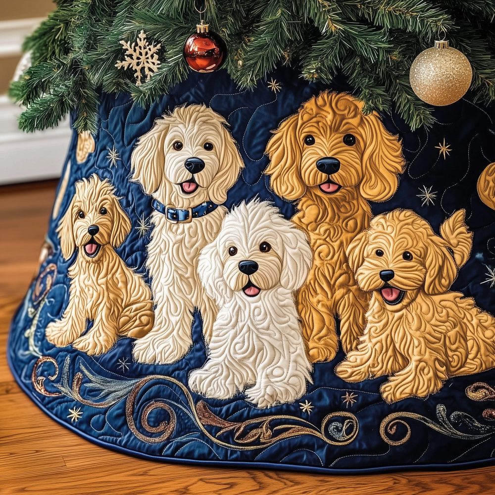 Sapphire Swirl Doodle Pups Tree Skirt — Vibrant Custom Holiday Decor With Playful Dogs, Handmade & Made-To-Order