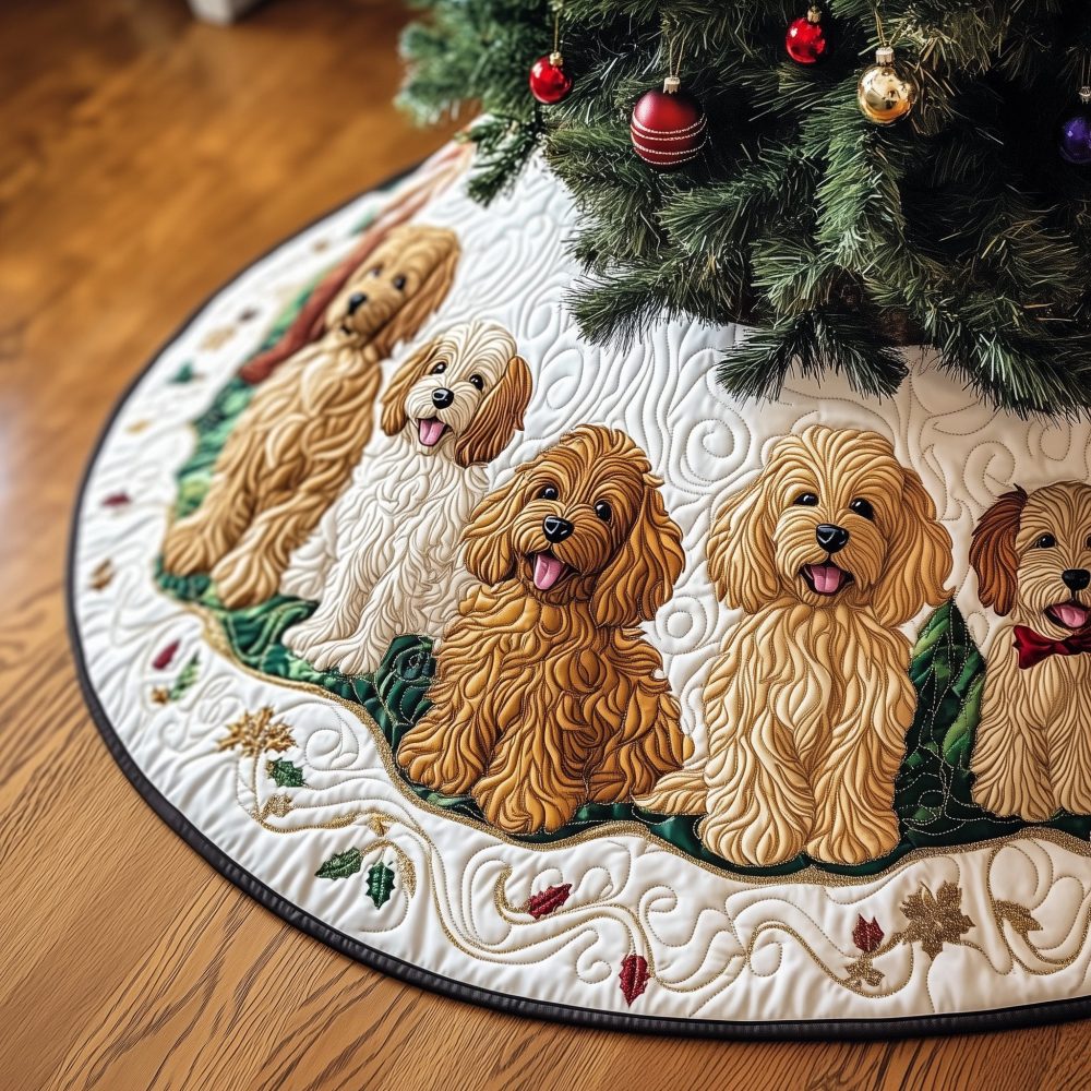 Winter White Doodle Ring Tree Skirt — Elegant Circular Dog Design, Personalized Holiday Skirt, Handmade, Made-To-Order