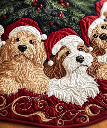 Crimson Santa Hat Doodles Tree Skirt — Festive Custom Holiday Skirt With Playful Dogs, Premium Handmade, Made-To-Order