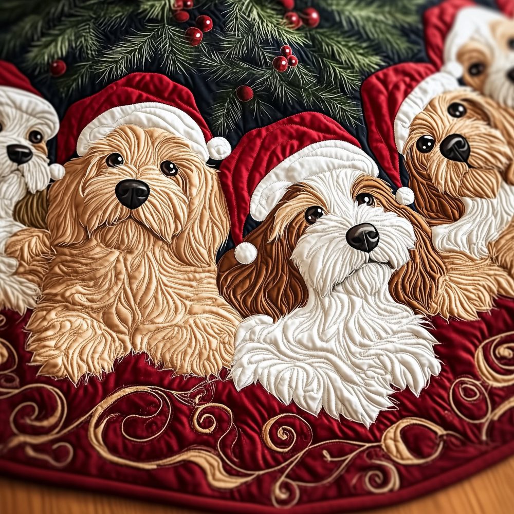 Crimson Santa Hat Doodles Tree Skirt — Festive Custom Holiday Skirt With Playful Dogs, Premium Handmade, Made-To-Order