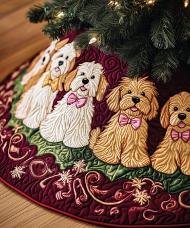 Pink Bow Doodles On Wine Christmas Tree Skirt — Custom Feminine Holiday Decor, Handmade, Made-To-Order