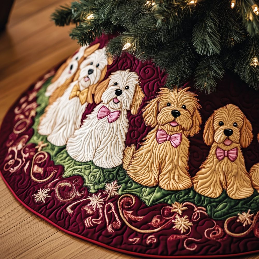 Pink Bow Doodles On Wine Christmas Tree Skirt — Custom Feminine Holiday Decor, Handmade, Made-To-Order