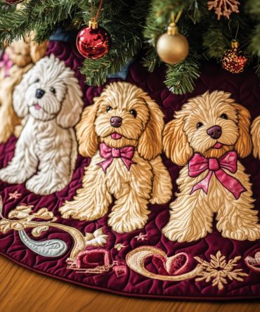 Custom Doodle Family Tree Skirt In Berry Red — Personalized Holiday Décor With Family Portrait Dogs, Made-To-Order