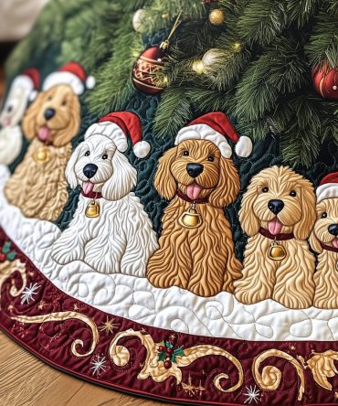 Personalized Doodle Dog Christmas Tree Skirt — Five Santa Hat Portraits For Pet Lovers, Custom Holiday Gift, Handmade, Made-To-Order