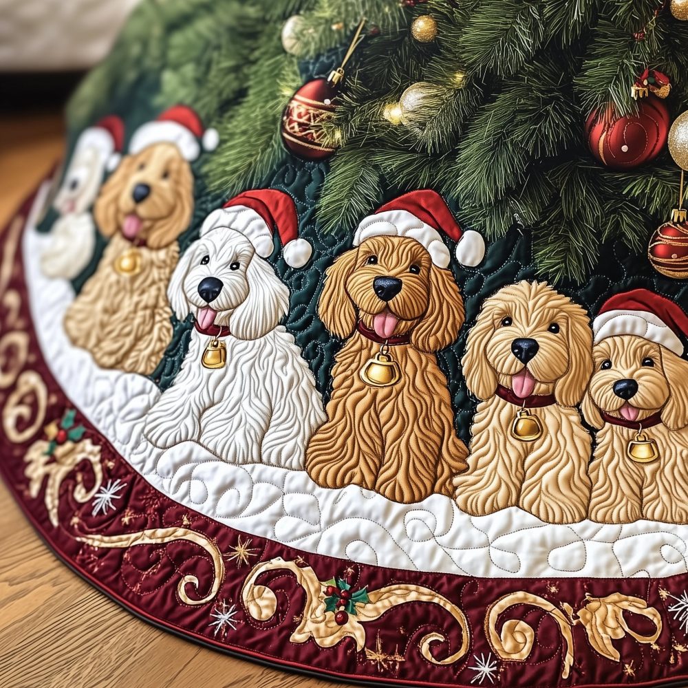 Personalized Doodle Dog Christmas Tree Skirt — Five Santa Hat Portraits For Pet Lovers, Custom Holiday Gift, Handmade, Made-To-Order