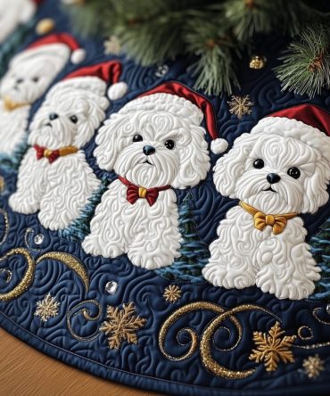 Bichons In Bow Ties On Navy Christmas Tree Skirt — Sophisticated Handmade Dog-Themed Holiday Skirt, Custom Sizes & Durable Fabric