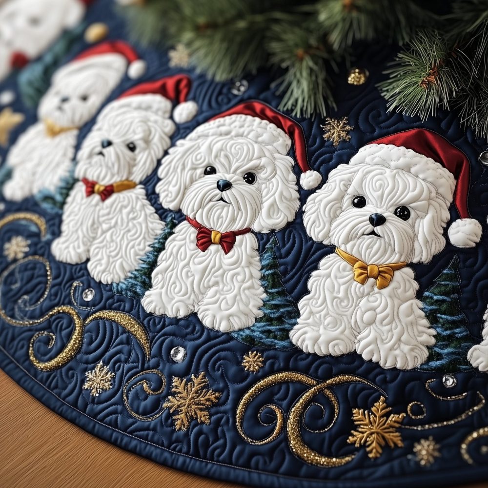 Bichons In Bow Ties On Navy Christmas Tree Skirt — Sophisticated Handmade Dog-Themed Holiday Skirt, Custom Sizes & Durable Fabric