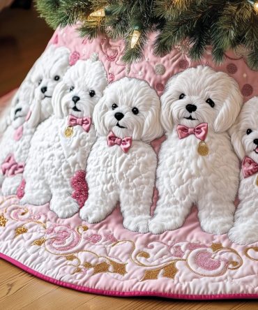 Bichons In Pink On Rose Quilt Christmas Tree Skirt — Charming Handmade Dog-Themed Holiday Skirt For Pet Lovers, Custom Sizes