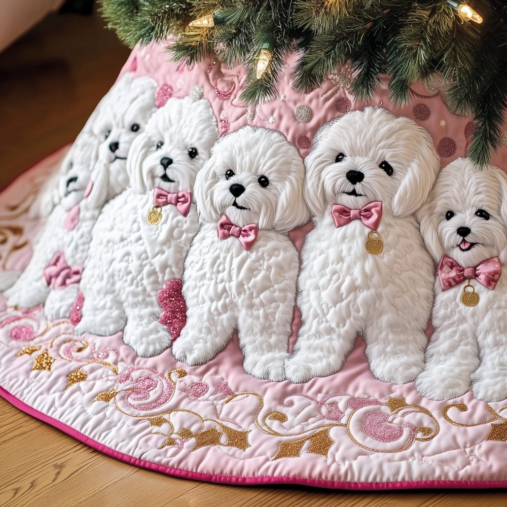Bichons In Pink On Rose Quilt Christmas Tree Skirt — Charming Handmade Dog-Themed Holiday Skirt For Pet Lovers, Custom Sizes