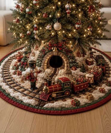 Custom Nutcracker Christmas Train Village Tree Skirt • Personalized Train & Village Holiday Base Cover — Handmade