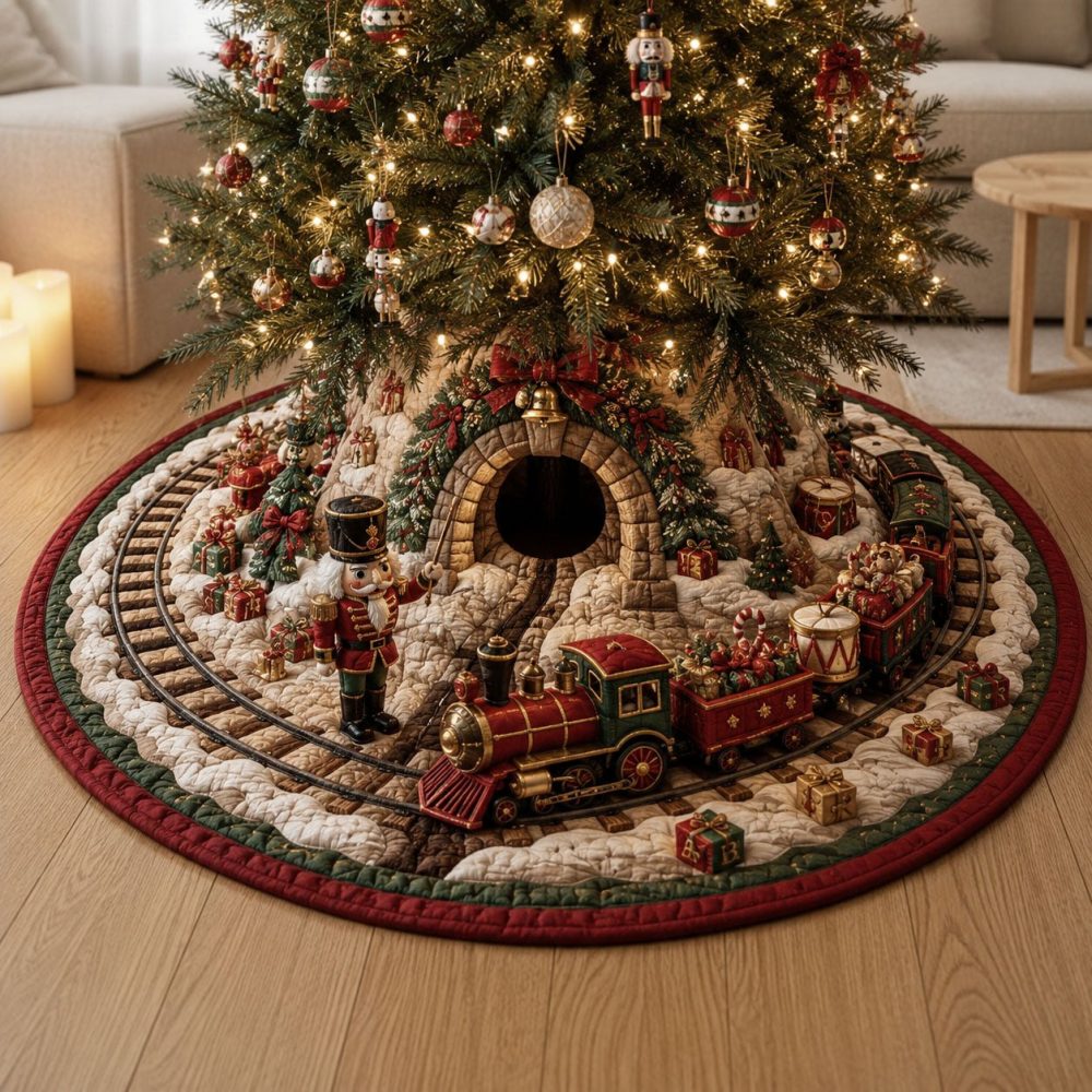 Custom Nutcracker Christmas Train Village Tree Skirt • Personalized Train & Village Holiday Base Cover — Handmade