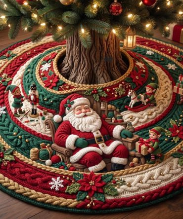 Custom Santa Spiral Tree Skirt • Personalized Swirling Santa Tree Base Cover — Handmade Classic Christmas Accent