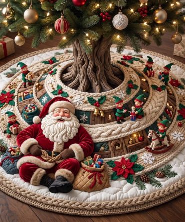 Custom Santa Wonderland Tree Skirt • Personalized Winter Santa Village Tree Base Cover — Handmade Holiday Display