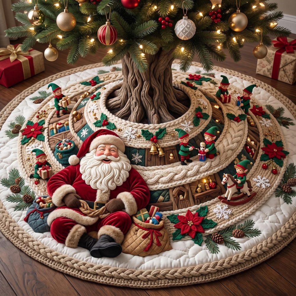 Custom Santa Wonderland Tree Skirt • Personalized Winter Santa Village Tree Base Cover — Handmade Holiday Display