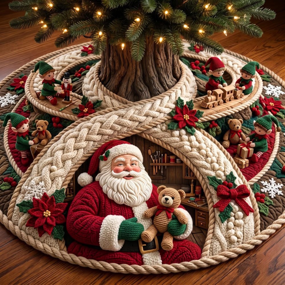 Custom Santa Hearth Tree Skirt • Personalized Cozy Santa Fireplace Tree Base Cover — Handmade Christmas Accent