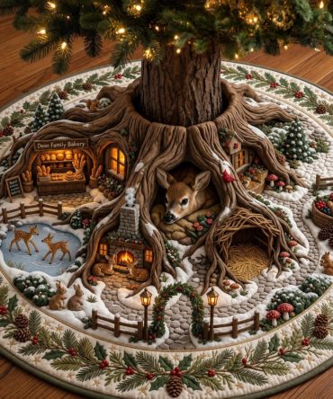 Custom Cabin Village Tree Skirt For Holidays - Handmade, Cozy Forest Christmas Tree Skirt, Made-To-Order Home Accent