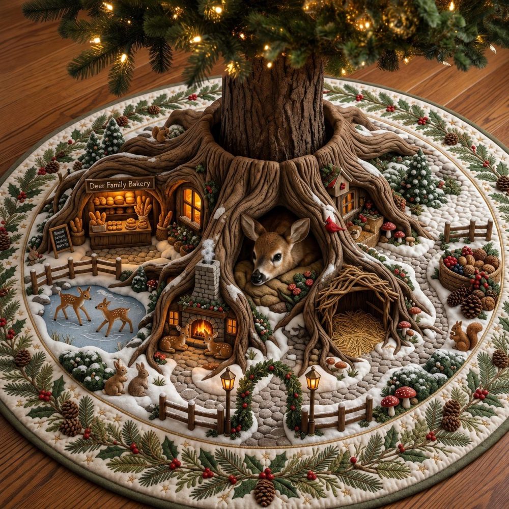 Custom Cabin Village Tree Skirt For Holidays - Handmade, Cozy Forest Christmas Tree Skirt, Made-To-Order Home Accent