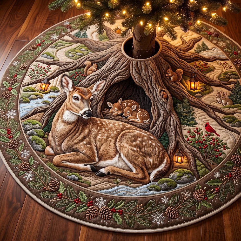 Fawn Haven Christmas Tree Skirt - Adorable Handcrafted Fawn Holiday Base, Customizable Rustic Charm For Family Trees, Made To Order