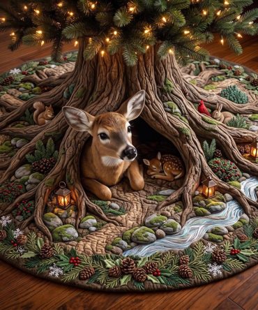 Deer Haven Christmas Tree Skirt - Cozy Handcrafted Woodland Holiday Base, Custom-Made Rustic Christmas Decor, Personalized Options