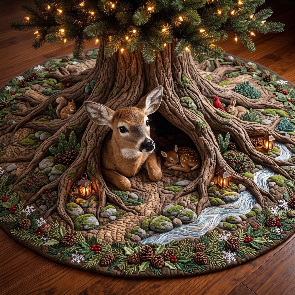 Deer Haven Christmas Tree Skirt - Cozy Handcrafted Woodland Holiday Base, Custom-Made Rustic Christmas Decor, Personalized Options