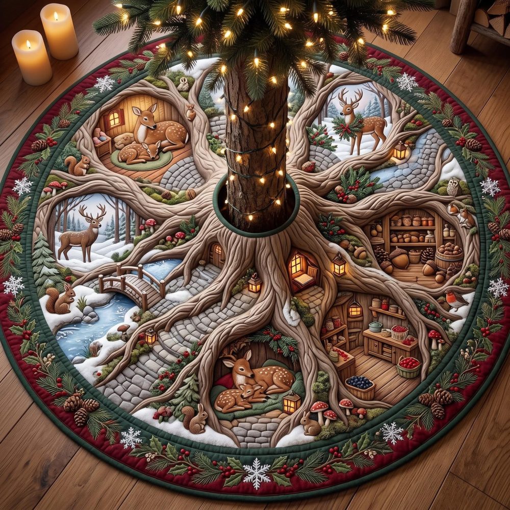 Woodland Creek Christmas Tree Skirt - Scenic Handcrafted Holiday Base Cover, Custom-Fit Nature-Inspired Tree Skirt, Made To Order