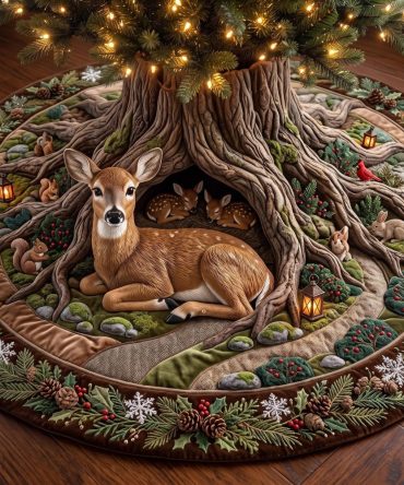 Stag Hollow Christmas Tree Skirt - Majestic Handcrafted Deer Motif Holiday Base, Customizable Lodge-Style Tree Skirt