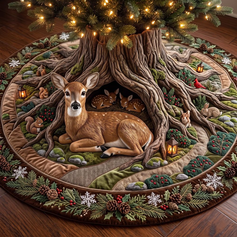 Stag Hollow Christmas Tree Skirt - Majestic Handcrafted Deer Motif Holiday Base, Customizable Lodge-Style Tree Skirt