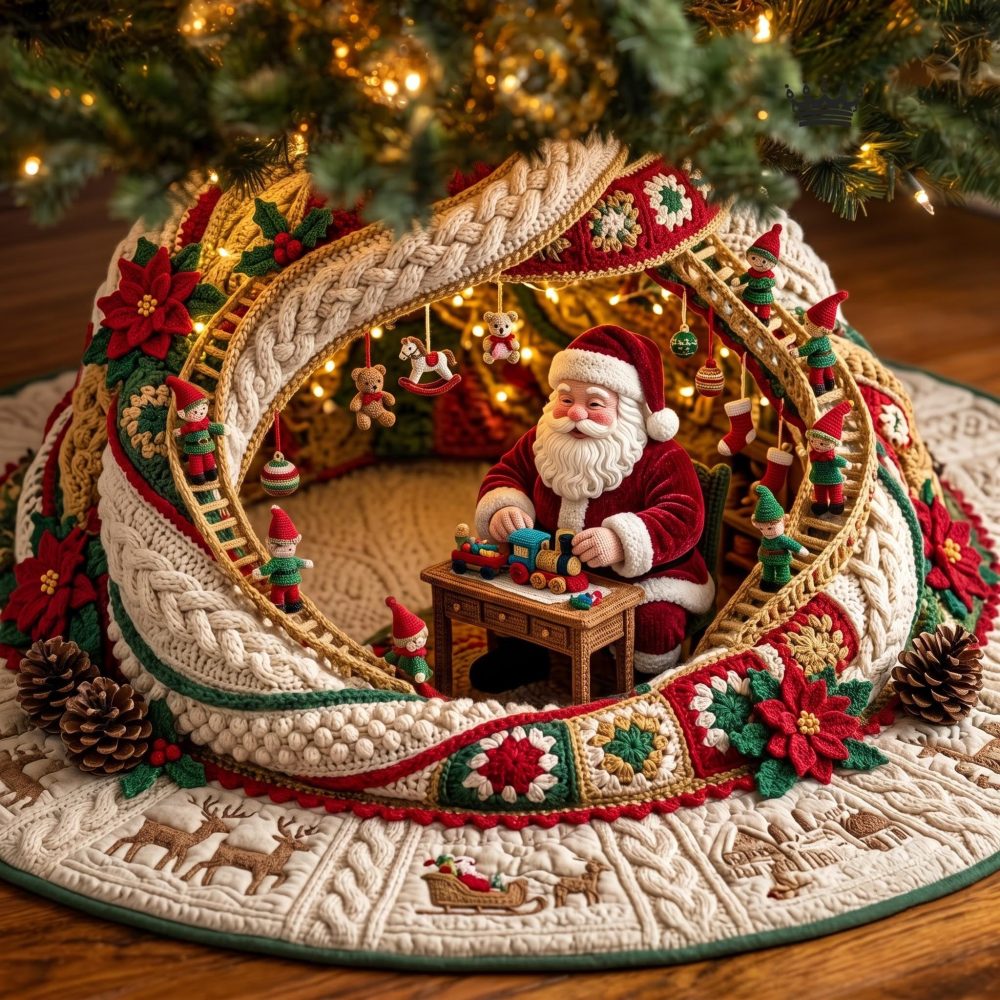 Custom Santa Hideaway Tree Skirt • Personalized Santa Scene Tree Base Cover — Handmade Holiday Décor For Christmas