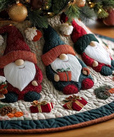 Knit Gnomes With Tiny Gifts Christmas Tree Skirt — Handmade Festive Knit-Style Gnome Skirt, Custom Holiday Sizes Available