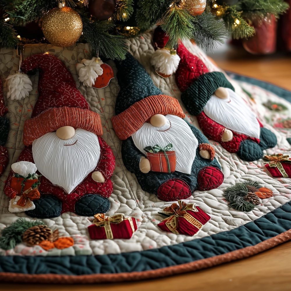 Knit Gnomes With Tiny Gifts Christmas Tree Skirt — Handmade Festive Knit-Style Gnome Skirt, Custom Holiday Sizes Available