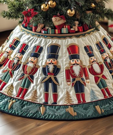 Nutcracker Regiment On Cream Christmas Tree Skirt — Luxurious Handmade Holiday Skirt With Classic Toy Soldier Motif