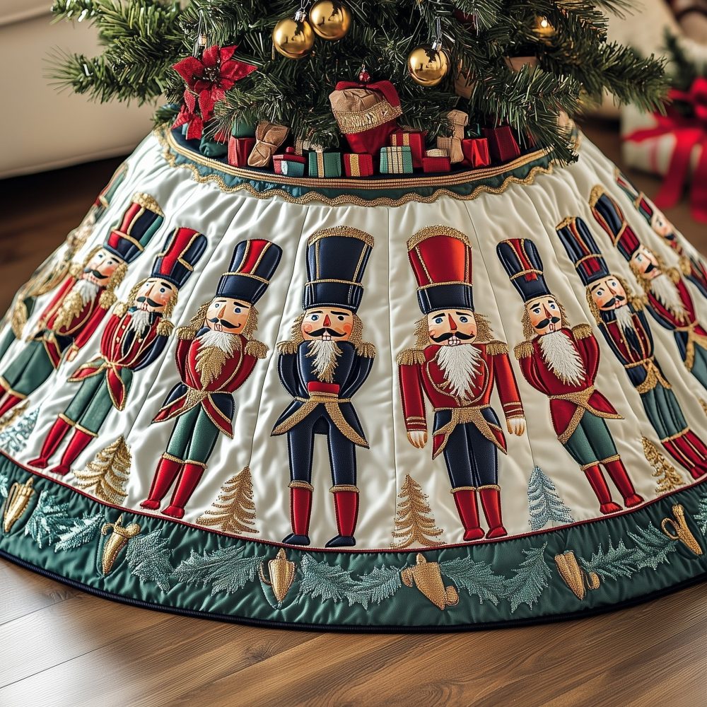 Nutcracker Regiment On Cream Christmas Tree Skirt — Luxurious Handmade Holiday Skirt With Classic Toy Soldier Motif