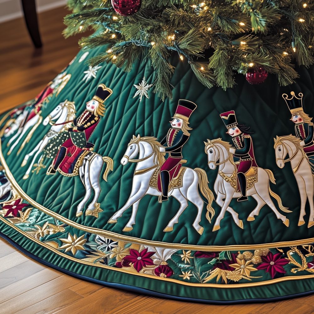 Nutcracker Cavalry On Evergreen Holiday Tree Skirt — Elegant Handmade Nutcracker Christmas Skirt, Custom Fit Options