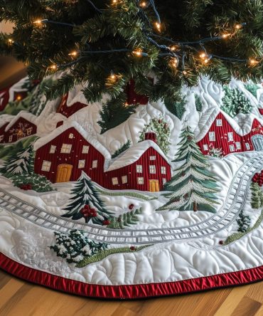 Winter Town Glow Christmas Tree Skirt - Charming Handcrafted Holiday Base Cover With Village Lights, Custom And Made To Order