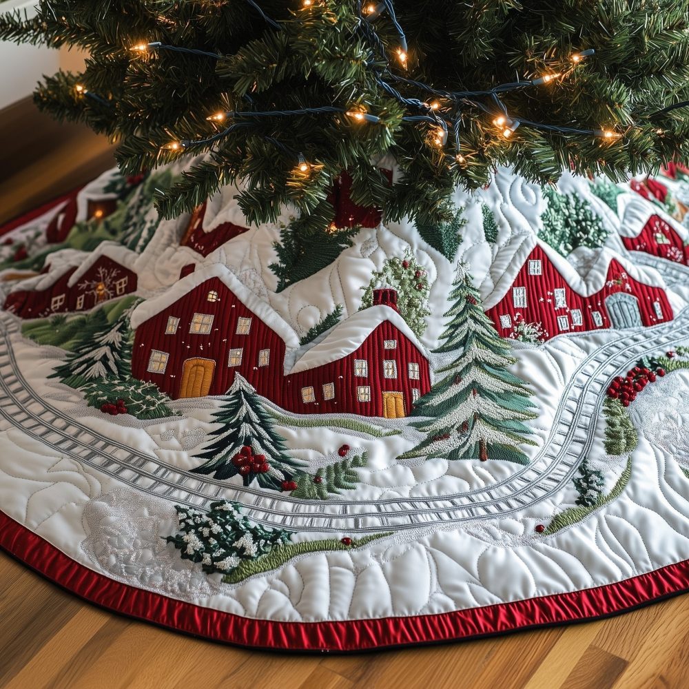 Winter Town Glow Christmas Tree Skirt - Charming Handcrafted Holiday Base Cover With Village Lights, Custom And Made To Order