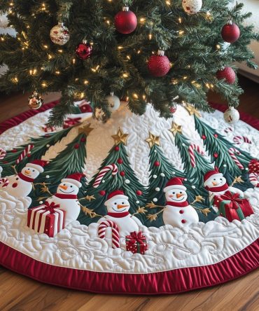 Custom Snowman Lane Tree Skirt • Personalized Snowman Holiday Tree Base Cover — Handmade Festive Christmas Decor