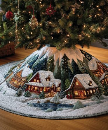 Handcrafted Snowy Log Cabin Christmas Tree Skirt - Custom Made-To-Order Holiday Skirt, Cozy Winter Village Accent