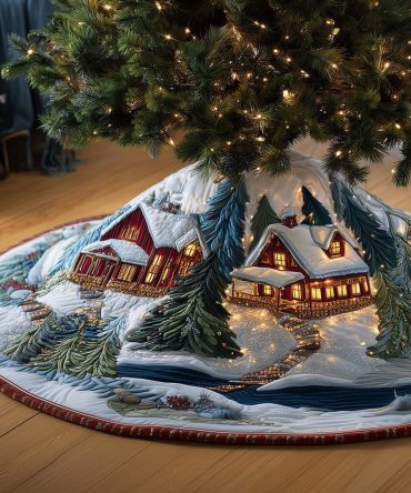 Handmade Alpine Snow Village Christmas Tree Skirt - Custom Holiday Tree Skirt, Soft Fleece, Rustic Winter Decor