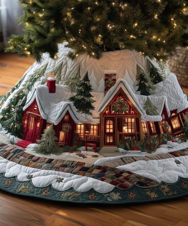 Red Cottage Winter Snow Tree Skirt — Made-To-Order Festive Christmas Skirt Featuring Charming Snowy Village Scenes