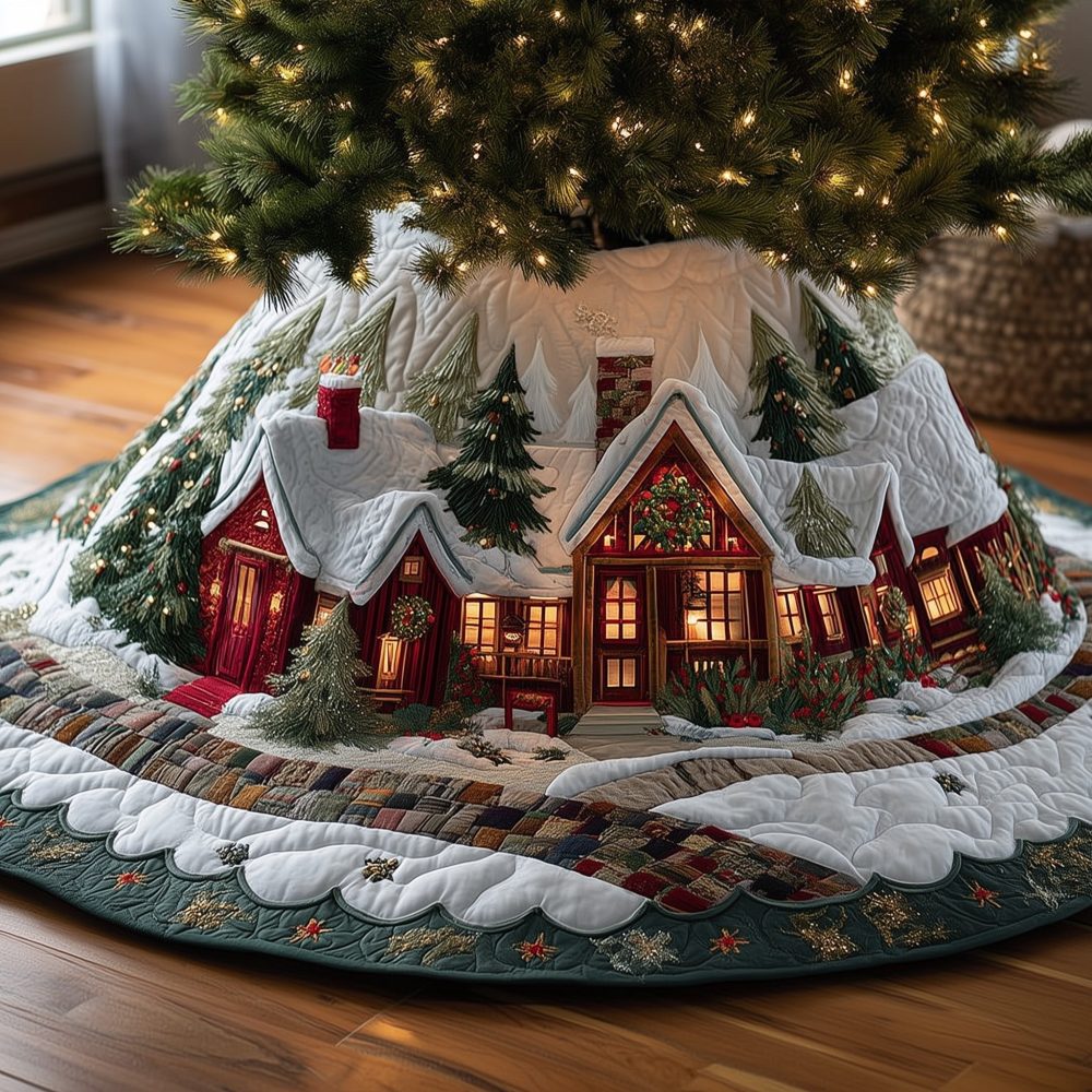Red Cottage Winter Snow Tree Skirt — Made-To-Order Festive Christmas Skirt Featuring Charming Snowy Village Scenes