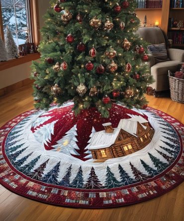 Cozy Cabin Among Crimson Trees Tree Skirt — Made-To-Order Winter Landscape Christmas Skirt For Rustic Holiday Charm