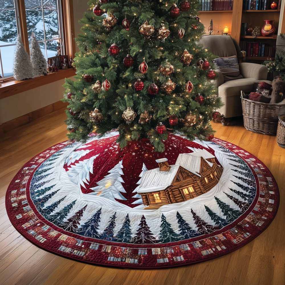 Cozy Cabin Among Crimson Trees Tree Skirt — Made-To-Order Winter Landscape Christmas Skirt For Rustic Holiday Charm